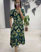Vale Woman Rochie midi din bumbac cu elastic in talie si imprimeu galben pe fond turcoaz