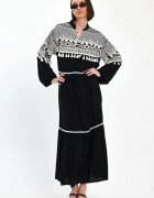Vale Woman Rochie neagra cu imprimeu fin cauciucat alb si ciucurasi din vascoza