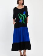 Vale Woman Rochie neagra cu volan albastru si aplicatie floare stilizata din vascoza