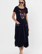 Vale Woman Rochie neagra in colturi cu broderie Dreamcatcher si ciucuri din vascoza