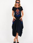 Vale Woman Rochie neagra in colturi cu broderie portocalie Dreamcatcher si ciucuri din vascoza