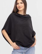 Wendy Trendy Bluza dama neagra cu croi amplu si decolteu drapat elegant din bumbac