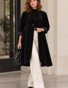 Wendy Trendy Jacheta lunga din catifea cu croi evazat pliuri ample si design minimalist neagra