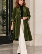 Wendy Trendy Jacheta lunga din catifea cu croi evazat pliuri ample si design minimalist verde olive