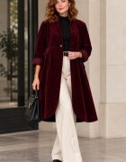 Wendy Trendy Jacheta lunga din catifea cu croi evazat pliuri ample si design minimalist visinie