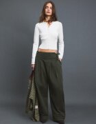 Stradivarius Cardigan Cambrat Cu Guler Cu Bandă Ecru L
