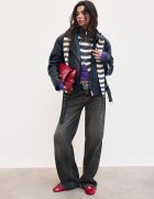 Stradivarius Cardigan Din Tricot Cu Fermoar Și Dungi Gri Închis S