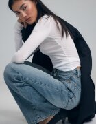 Stradivarius D92 Blugi Straight Wide Cu Rupturi Albastru Foarte Închis/Decolorat 34