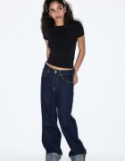 Stradivarius D92 Blugi Straight Wide Cu Rupturi Albastru Închis 32