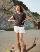 Stradivarius Fustă-Pantalon Din Bambula Cu Volane Ecru Xs