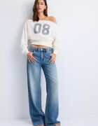 Stradivarius Hanorac Cropped Cu Decolteu Bărcuță Ecru M