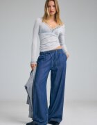 Stradivarius Pantaloni Fluizi Din Denim Cu Șnur Albastru Închis S