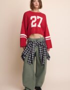 Stradivarius Pulover Din Tricot Cropped Cu Număr Roșu Xl
