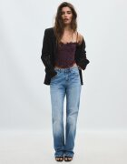 Stradivarius Top Cropped Cambrat Cu Imprimeu Floral Purpuriu Xl
