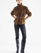 Stradivarius Trenci 100% Piele Cu Guler Înalt Și Cordon Maro S