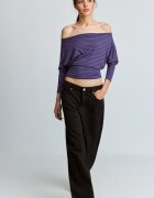 Stradivarius Tricou Asimetric Cu Mânecă Lungă Și Dungi Purpuriu Închis Xl