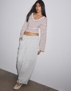 Stradivarius Tricou Cu Mânecă Lungă Japoneză Și Decolteu În V Roșu Închis M