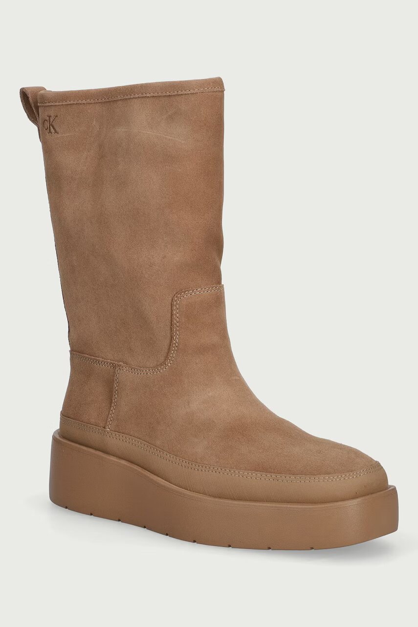 Calvin Klein botine cu platformă pentru femei din piele întoarsă FLATFORM MID BOOT SUEDE WL