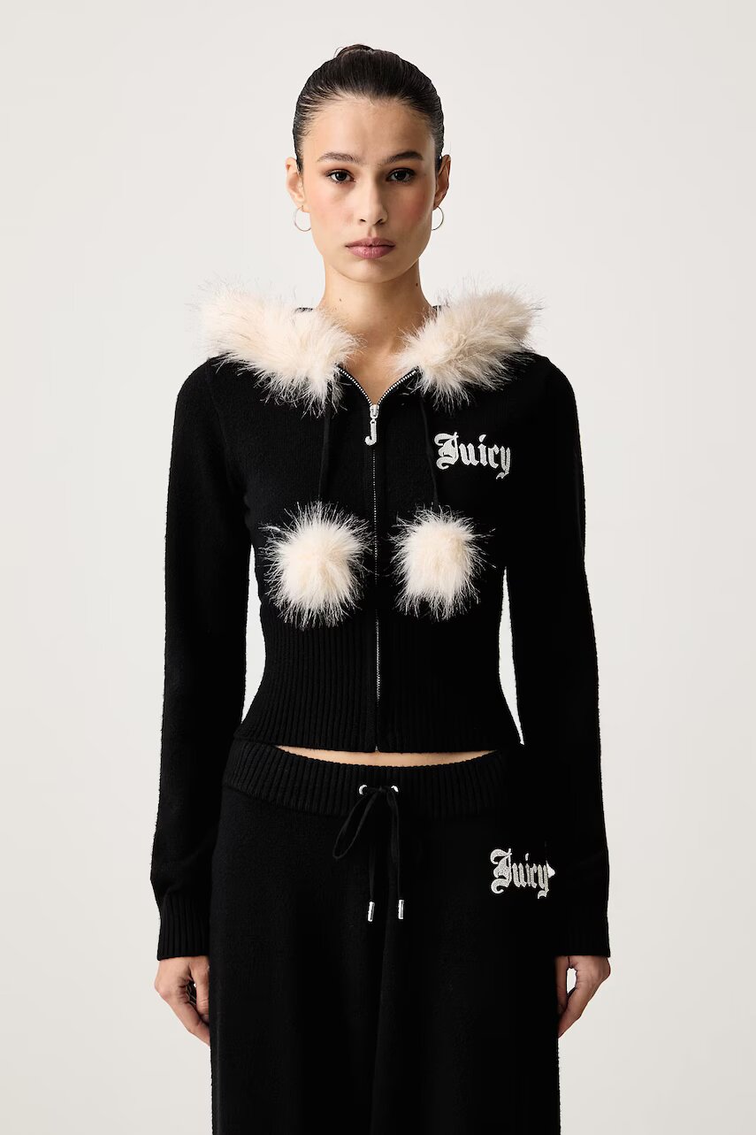 Juicy Couture pulover cu fermoar pentru femei cu vâscoză KNIT JUICY DIAMANTE WITH FUR TRIM