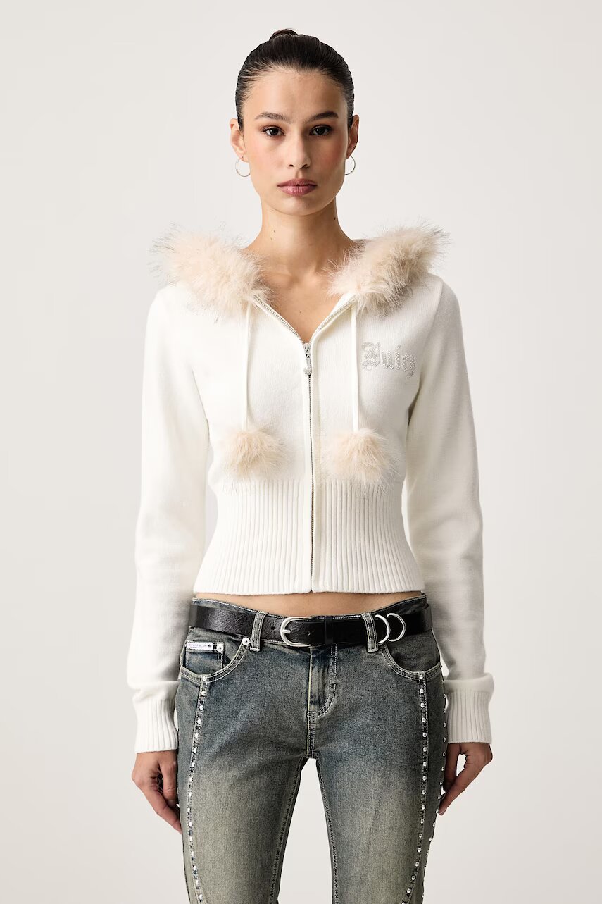 Juicy Couture pulover cu fermoar pentru femei cu vâscoză KNIT JUICY DIAMANTE WITH FUR TRIM