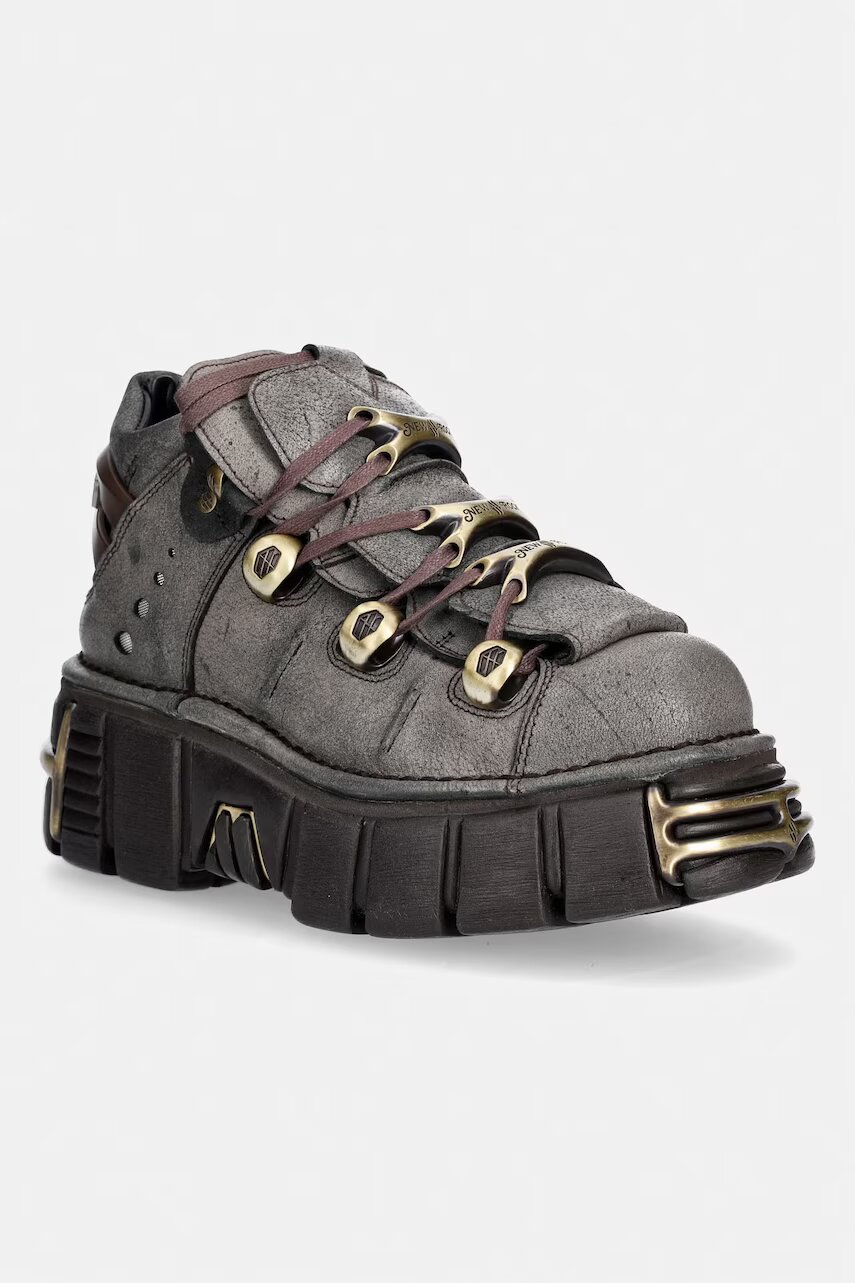 New Rock bocanci cu platformă pentru femei din piele BUFALO NEGRO CERA HUESO + IMPERFECT TOWER MARRON TORNILLOS