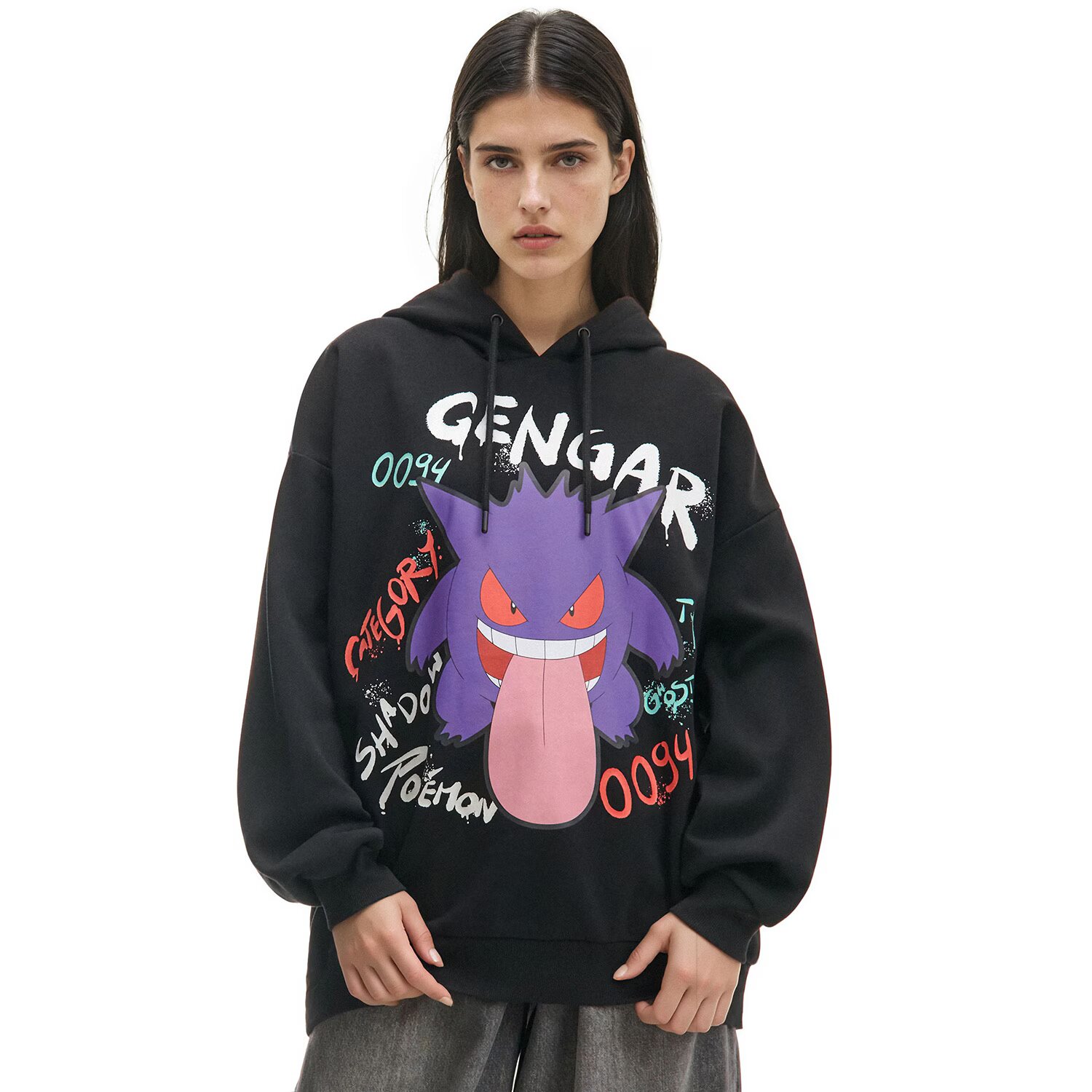 Cropp Bluză neagră cu glugă și imprimeu Pokémon Gengar - negru