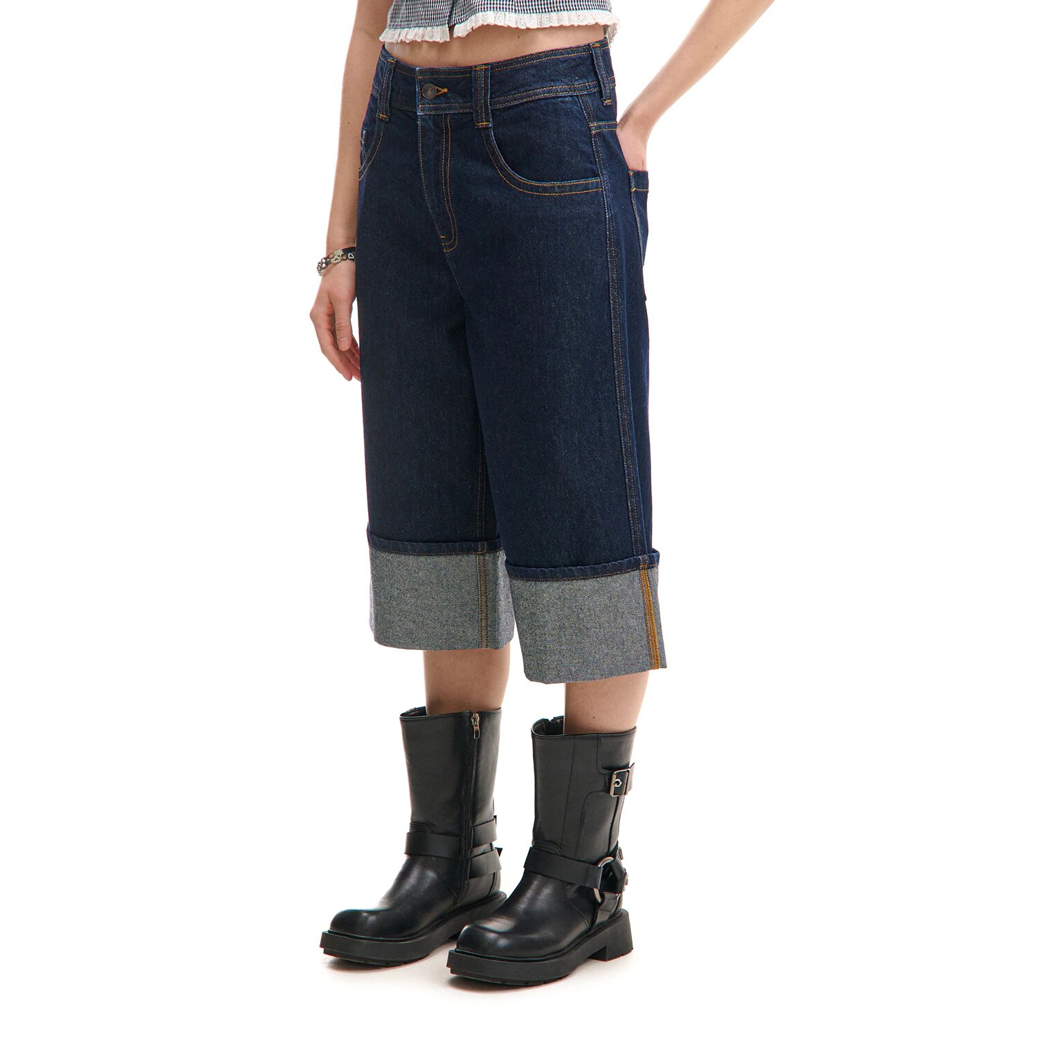 Cropp Pantaloni scurți din denim cu tiv îndoit - bleumarin