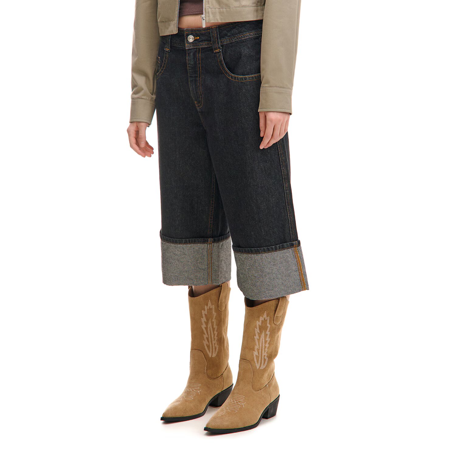 Cropp Pantaloni scurți din denim cu tiv îndoit - negru