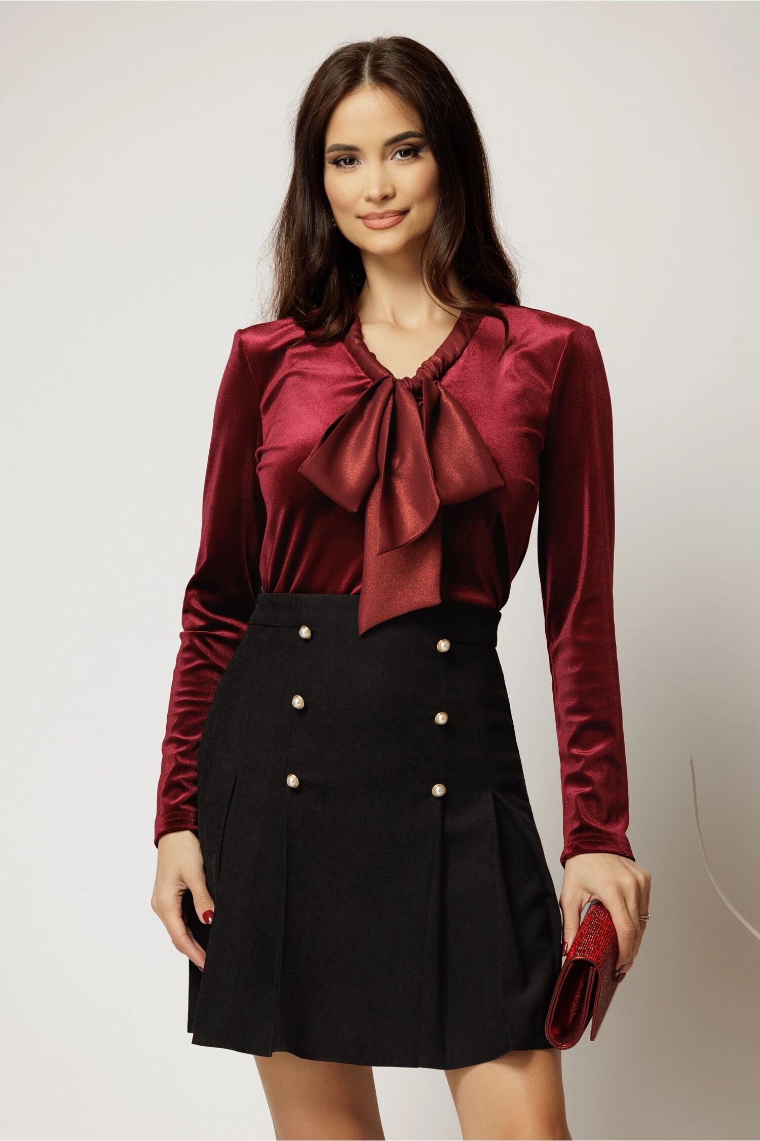  Bluza bordo din catifea cu guler esarfa