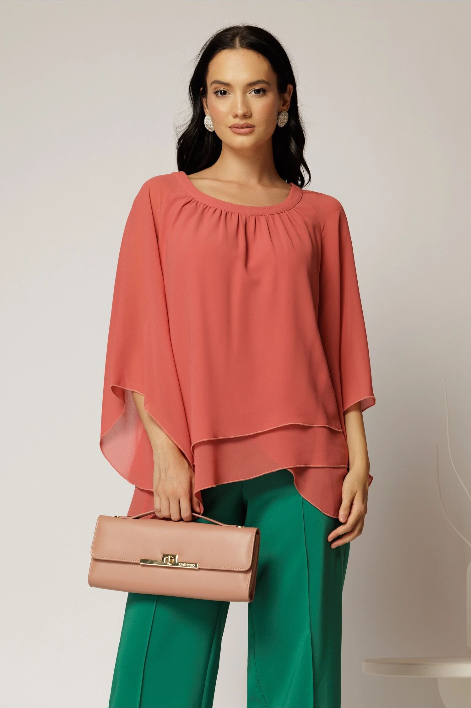  Bluza caramizie din voal cu volane suprapuse