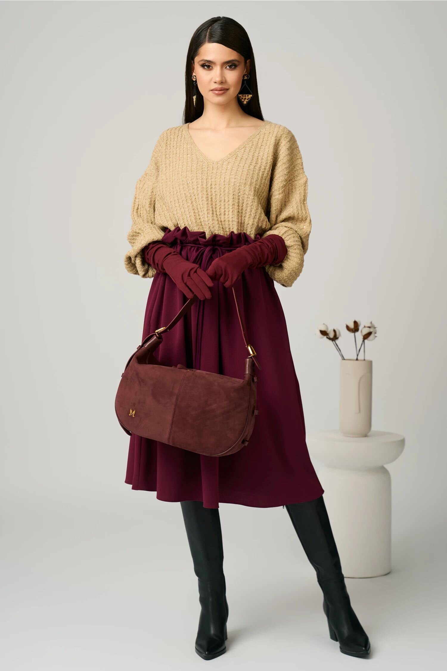  Bluza casual din tricot bej cu paiete si fir lurex