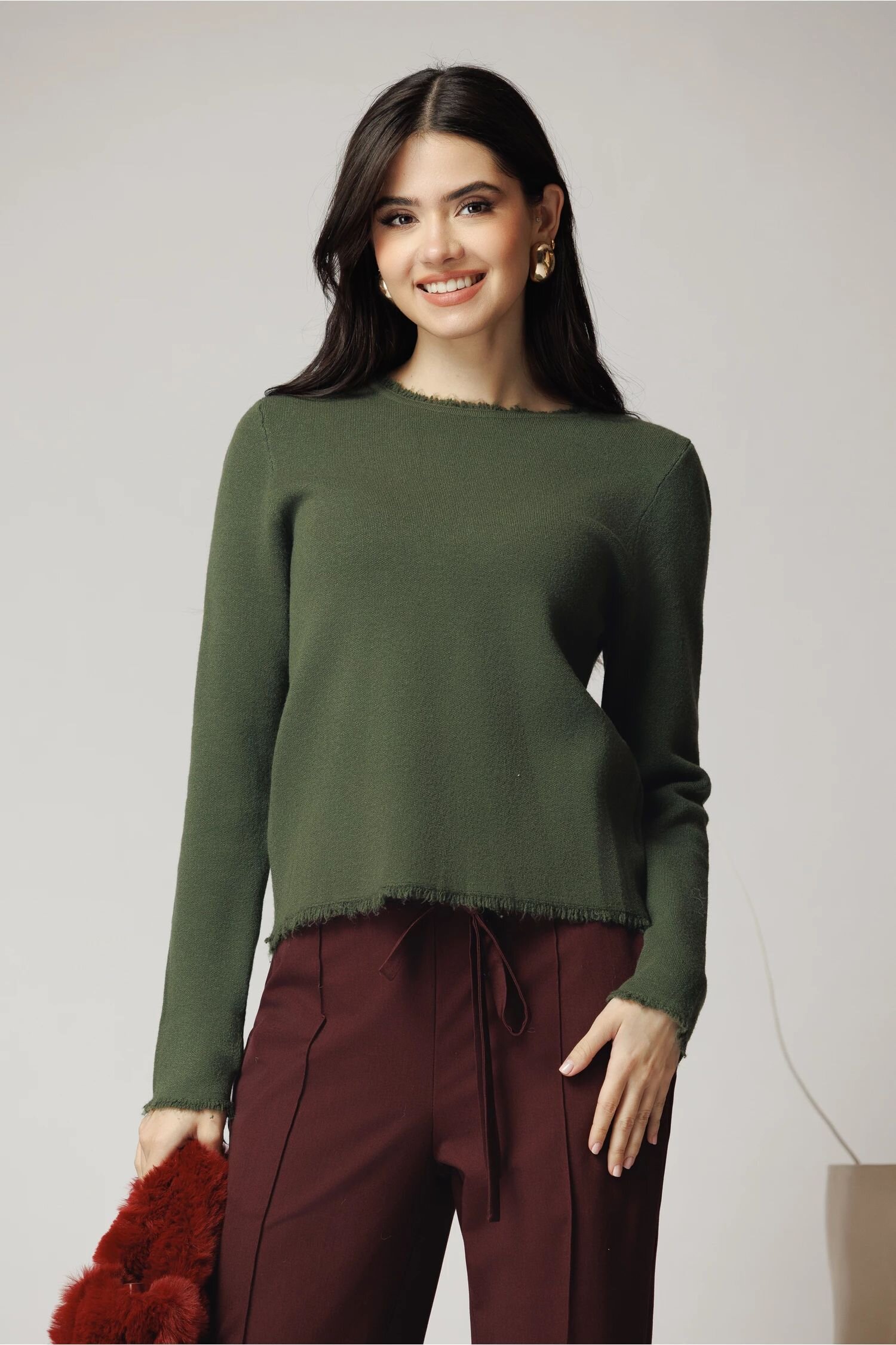  Bluza casual din tricot kaki cu franjuri