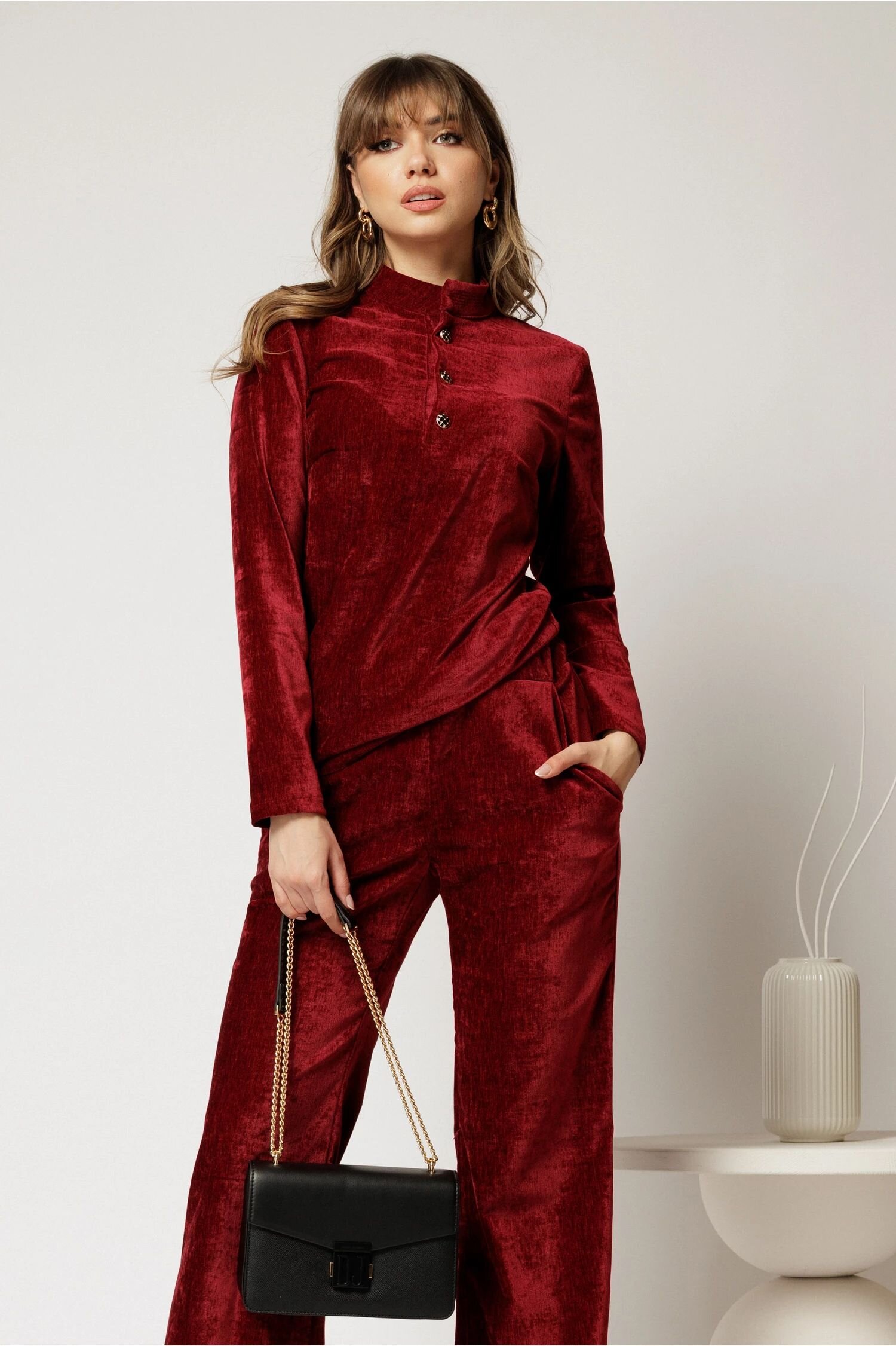  Bluza DY Fashion bordo din catifea velurata cu nasturi la bust