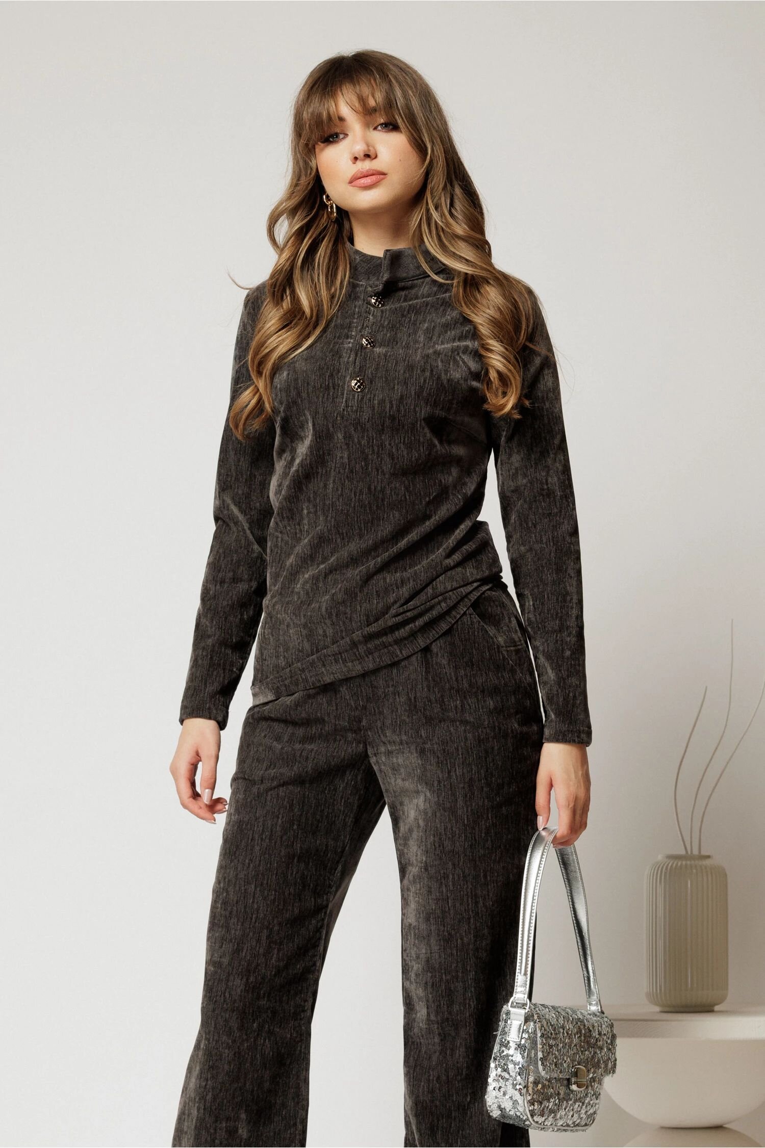  Bluza DY Fashion gri din catifea velurata cu nasturi la bust
