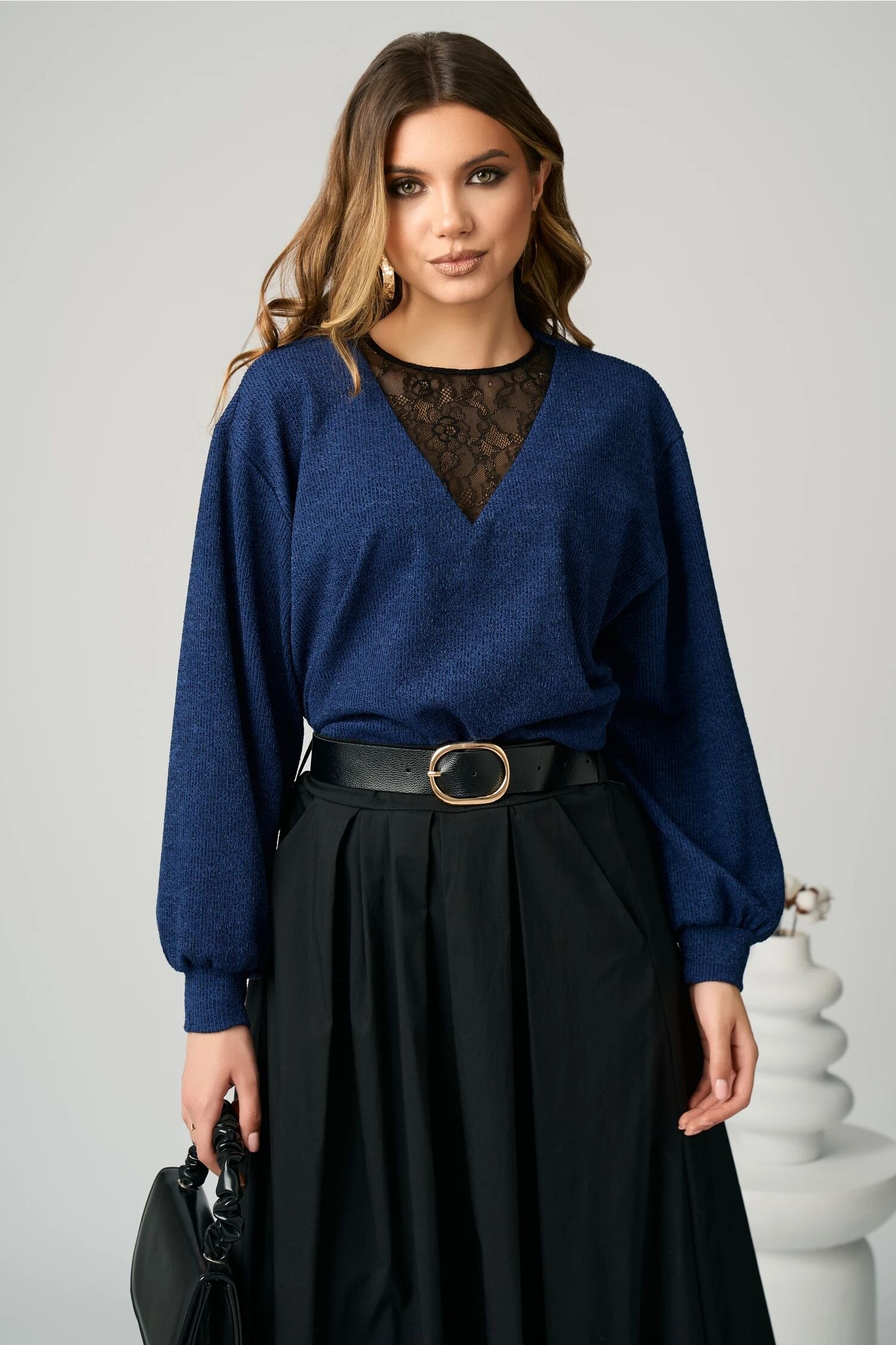 Bluza DY Fashion smart-casual din jerse bleumarin cu insertie din dantela