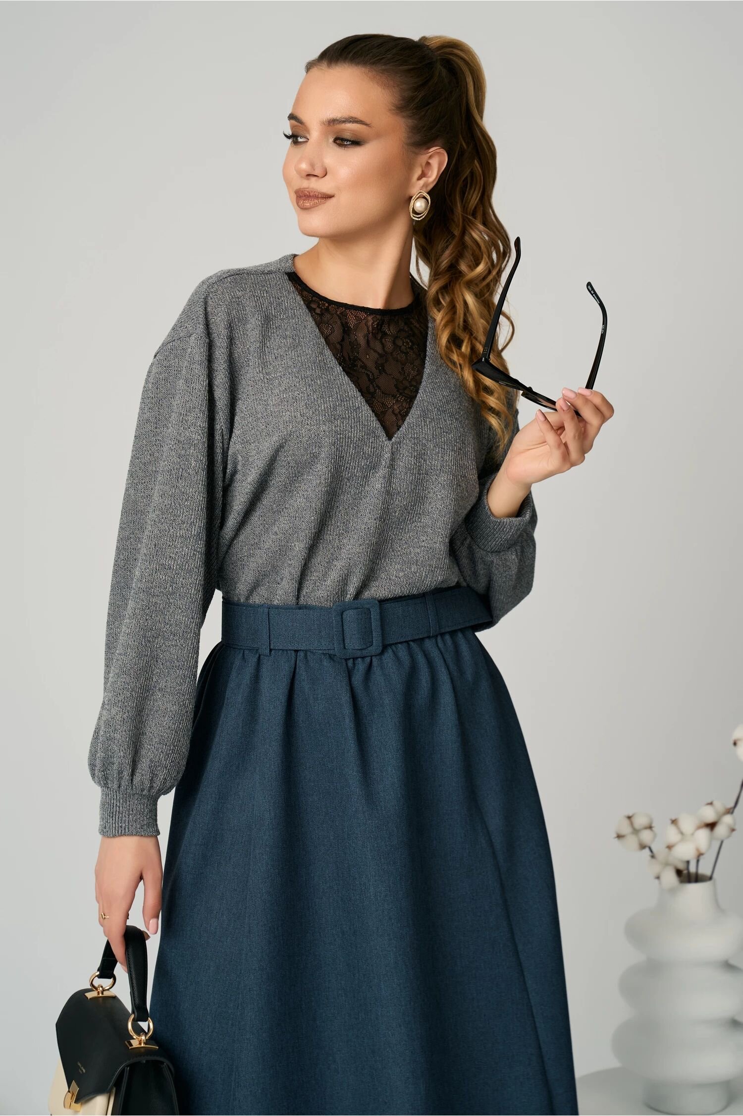  Bluza DY Fashion smart-casual din jerse gri cu insertie din dantela