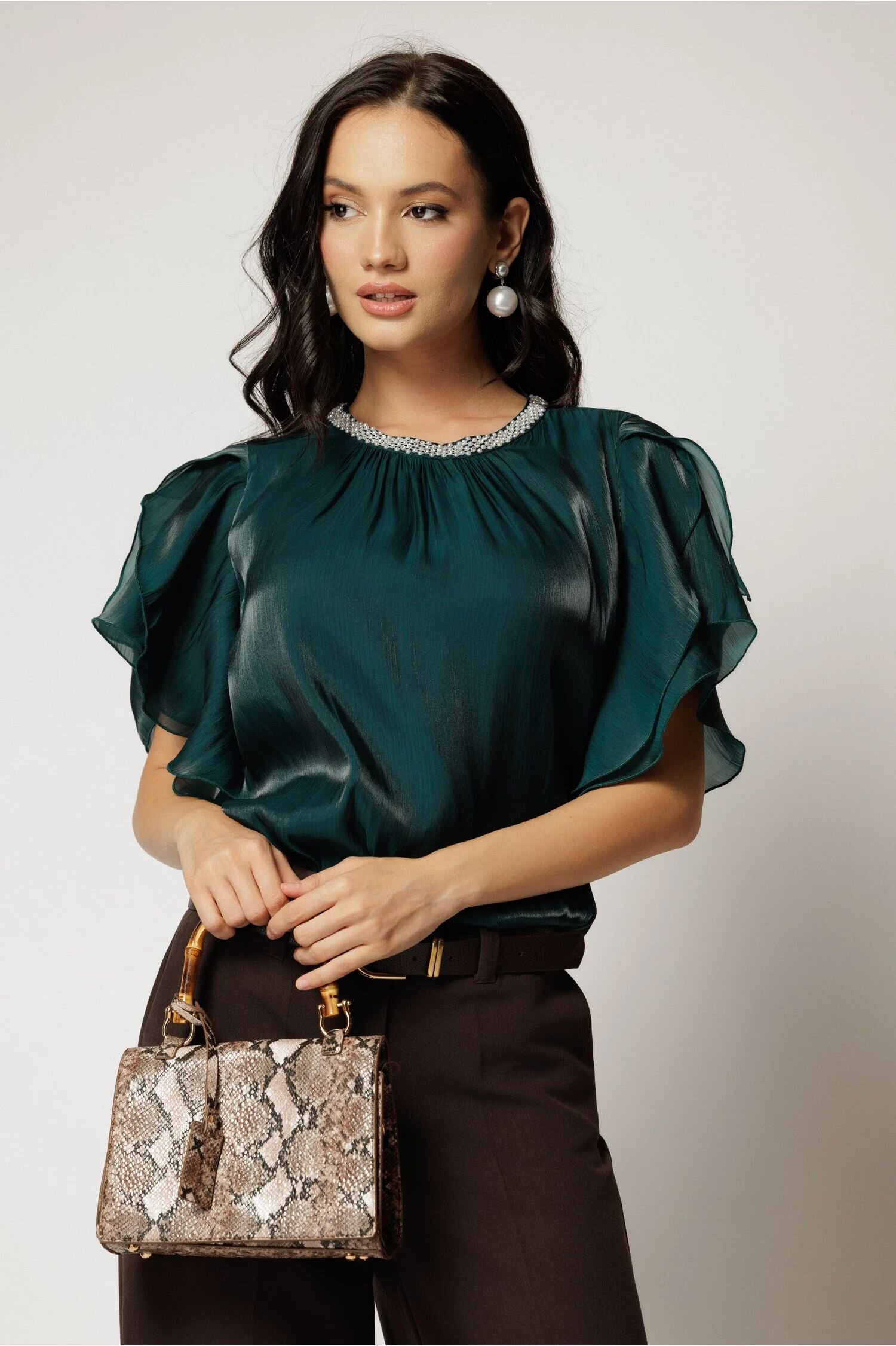  Bluza DY Fashion turcoaz din voal peliculizat cu maneci suprapuse