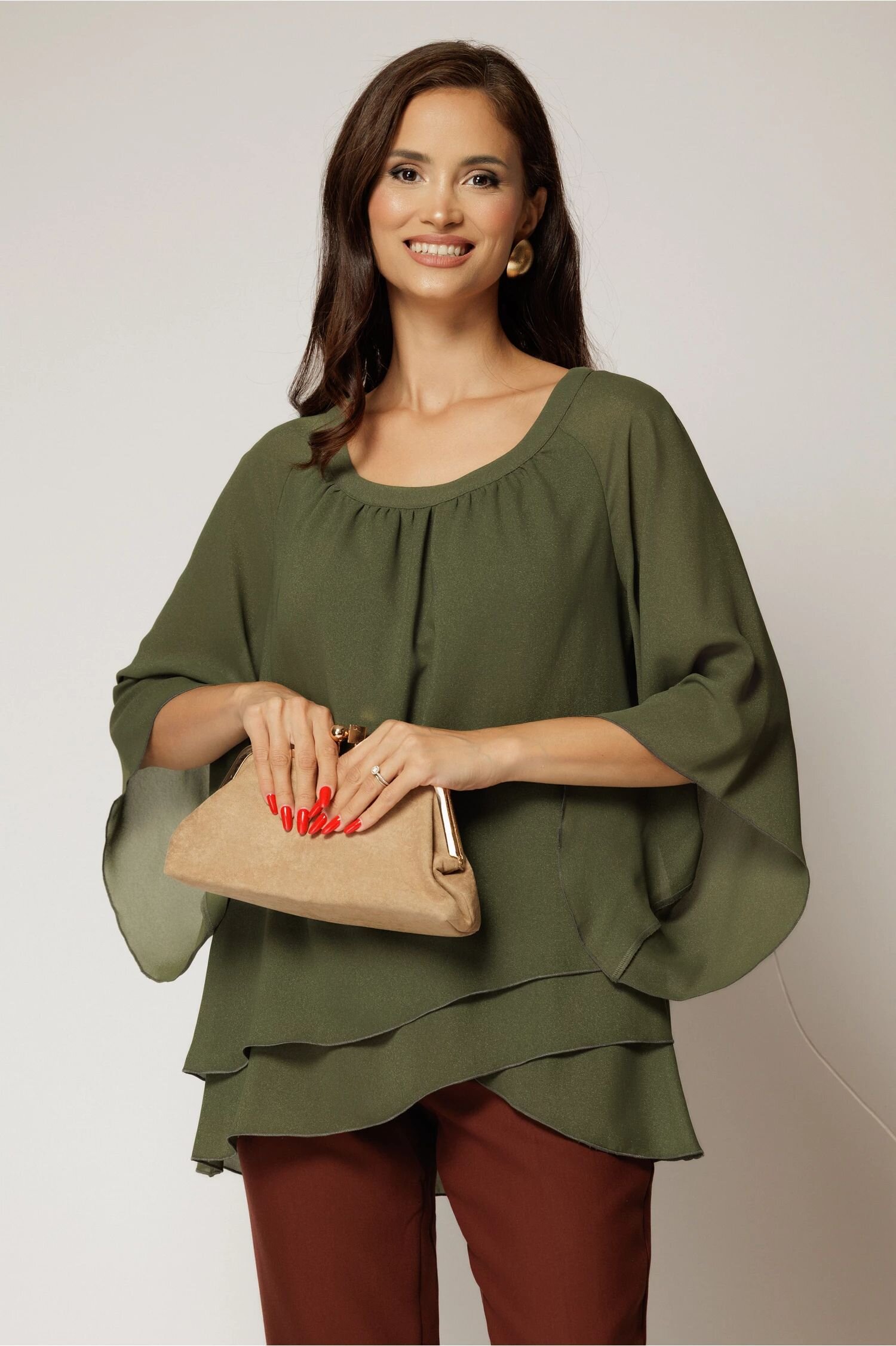  Bluza kaki cu fir lurex discret din voal cu volane suprapuse