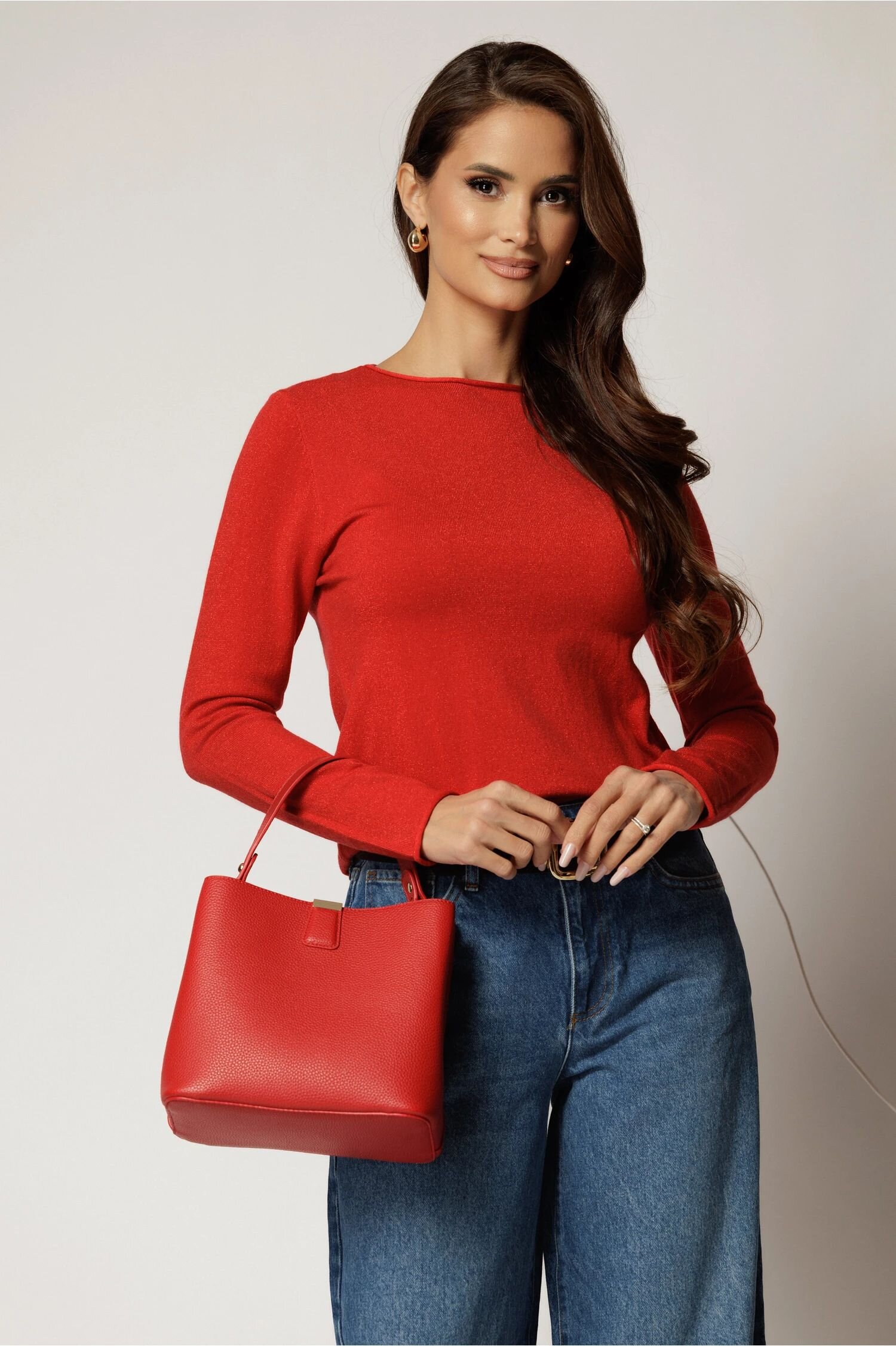  Bluza rosie din tricot cu fir lurex si decolteu rotund