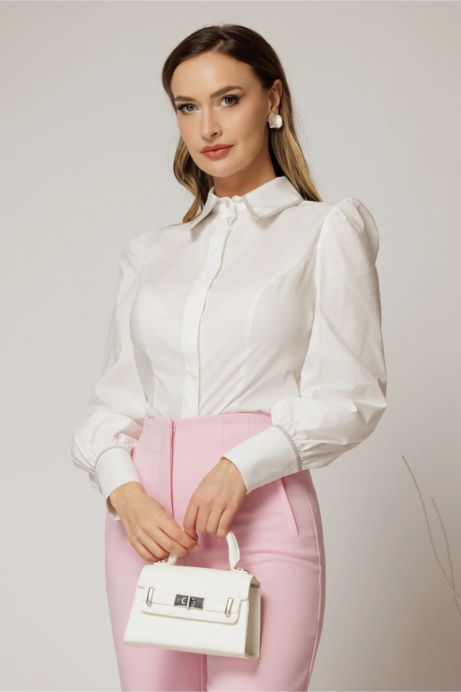  Camasa DY Fashion alba cambrata din poplin cu insertie la guler