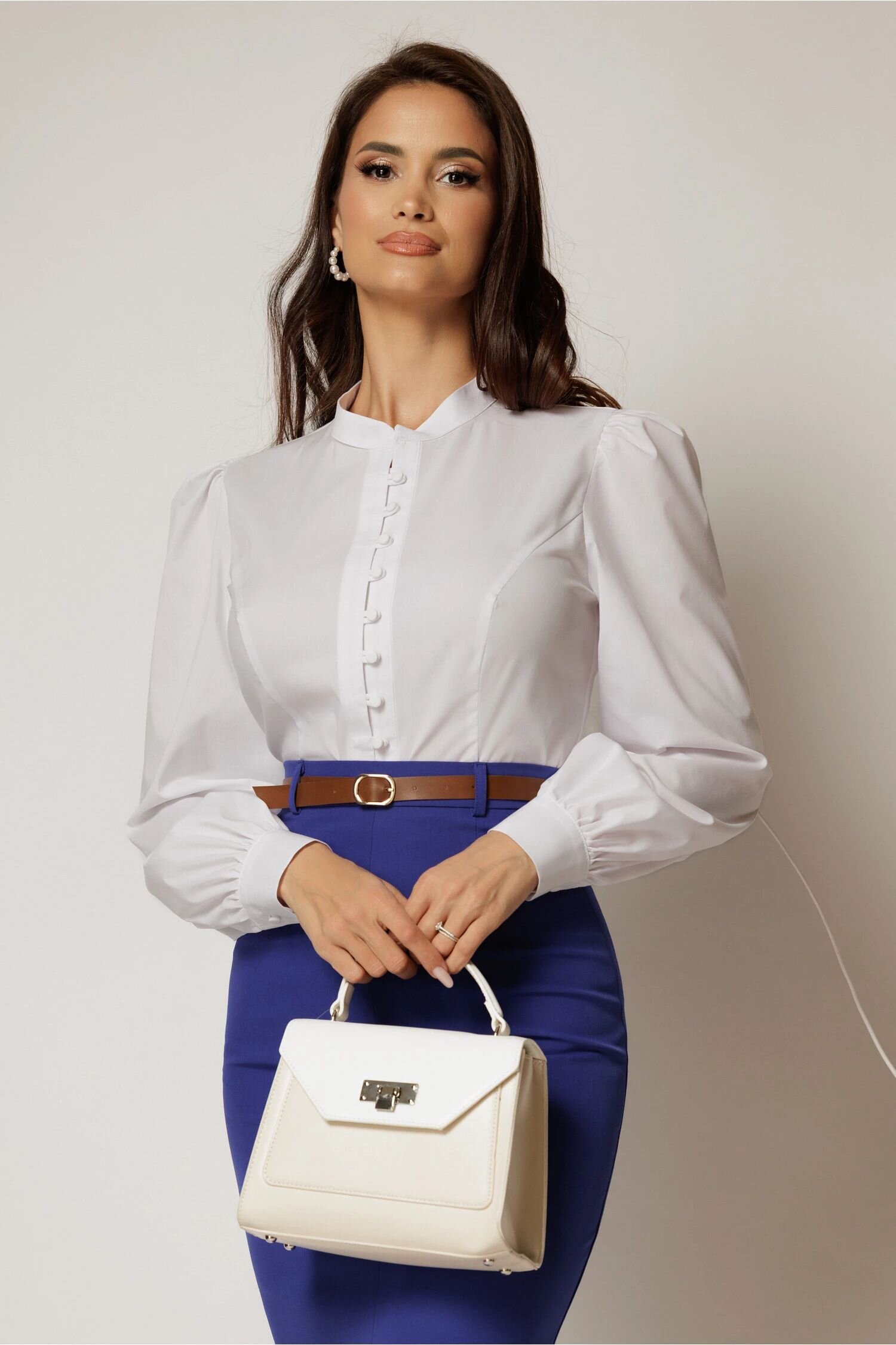  Camasa DY Fashion alba din poplin cu inchidere cu nasturi si guler tunica