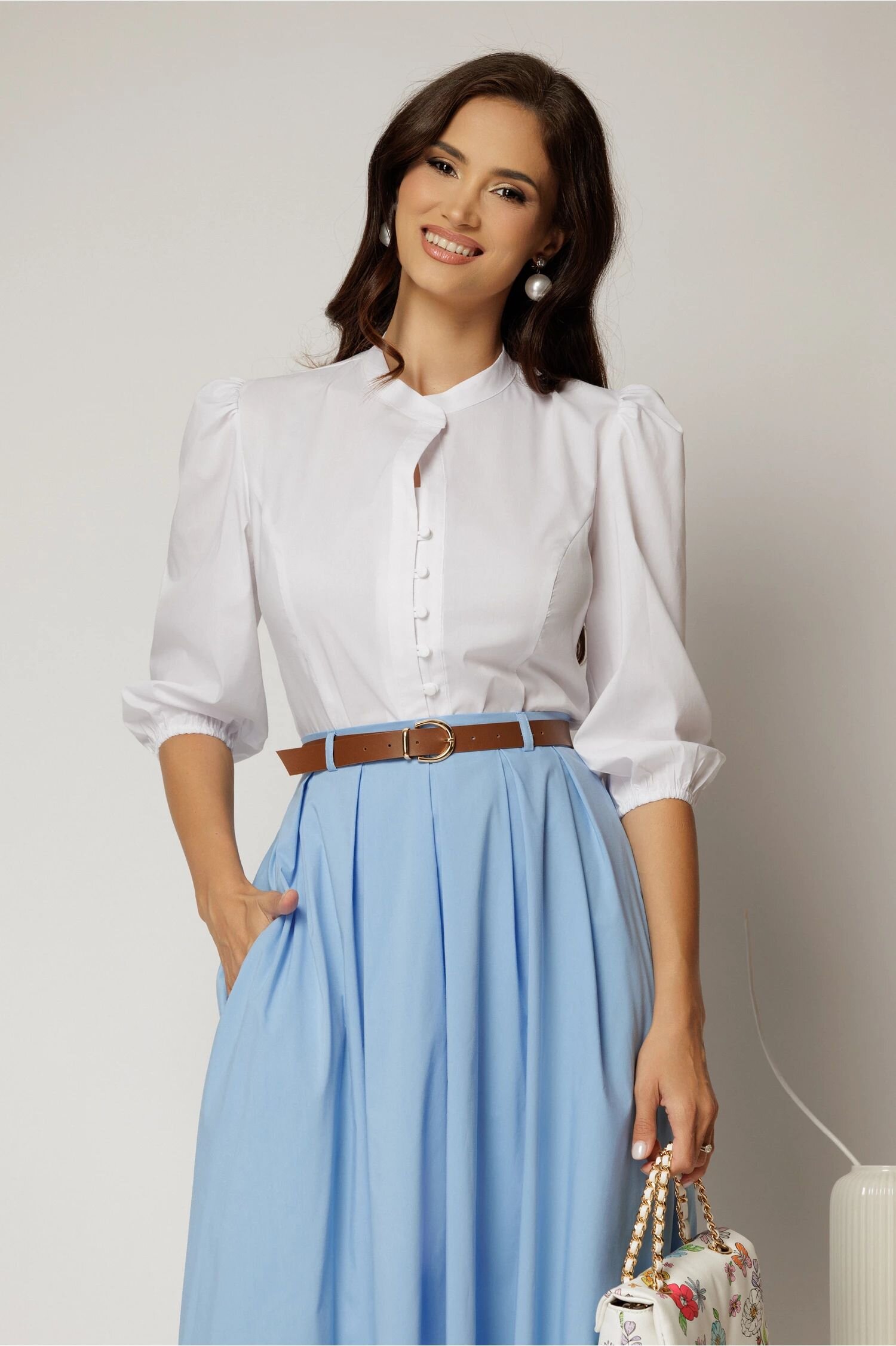  Camasa DY Fashion alba din poplin cu maneci bufante si inchidere cu nasturi