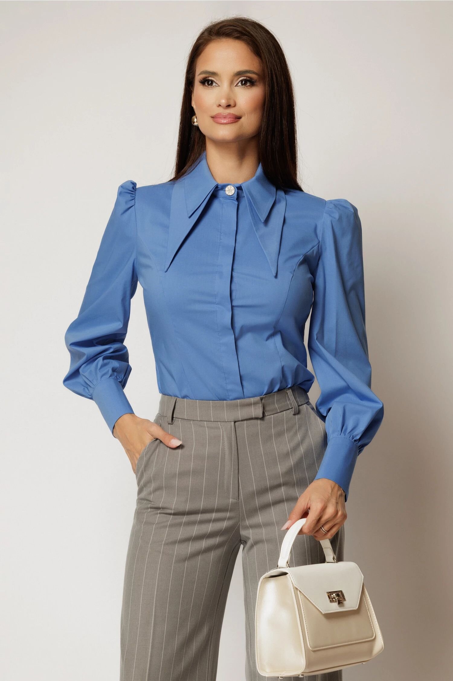  Camasa DY Fashion albastra din poplin cu guler dublu si croi cambrat