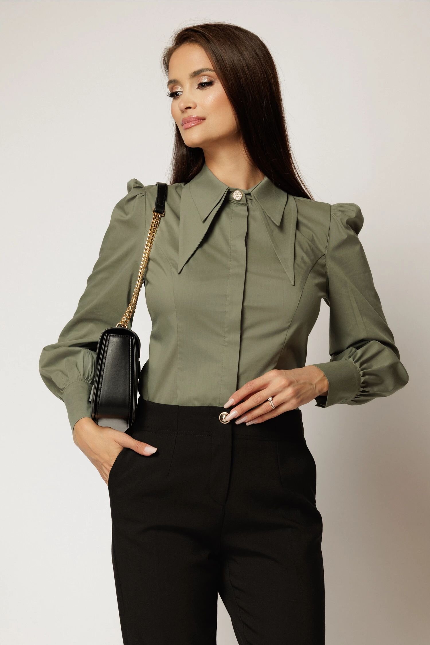  Camasa DY Fashion kaki din poplin cu guler dublu si croi cambrat