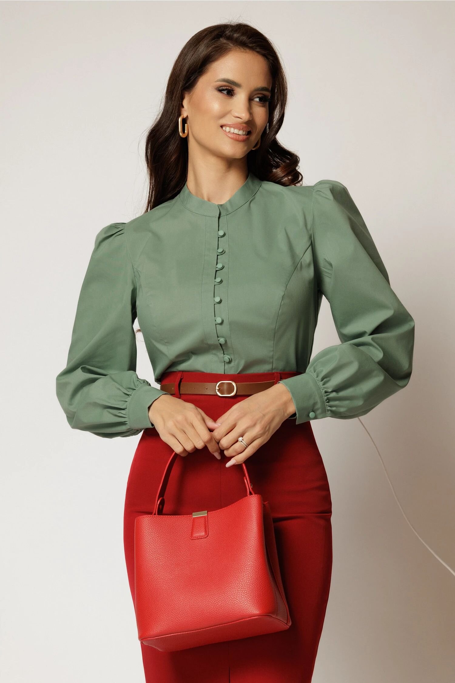  Camasa DY Fashion kaki din poplin cu inchidere cu nasturi si guler tunica