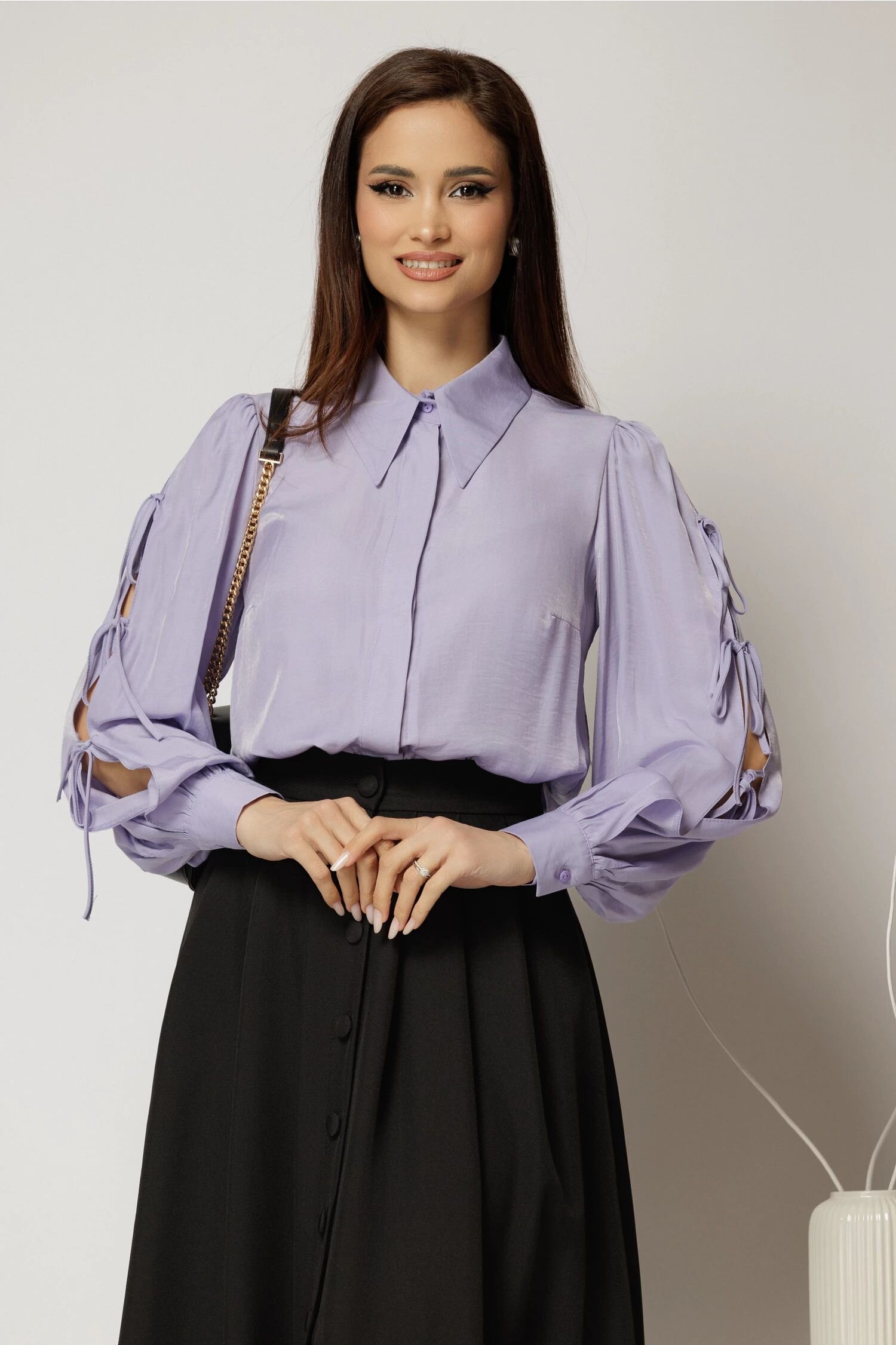  Camasa DY Fashion lila cu funde pe maneci cu adaos de rayon