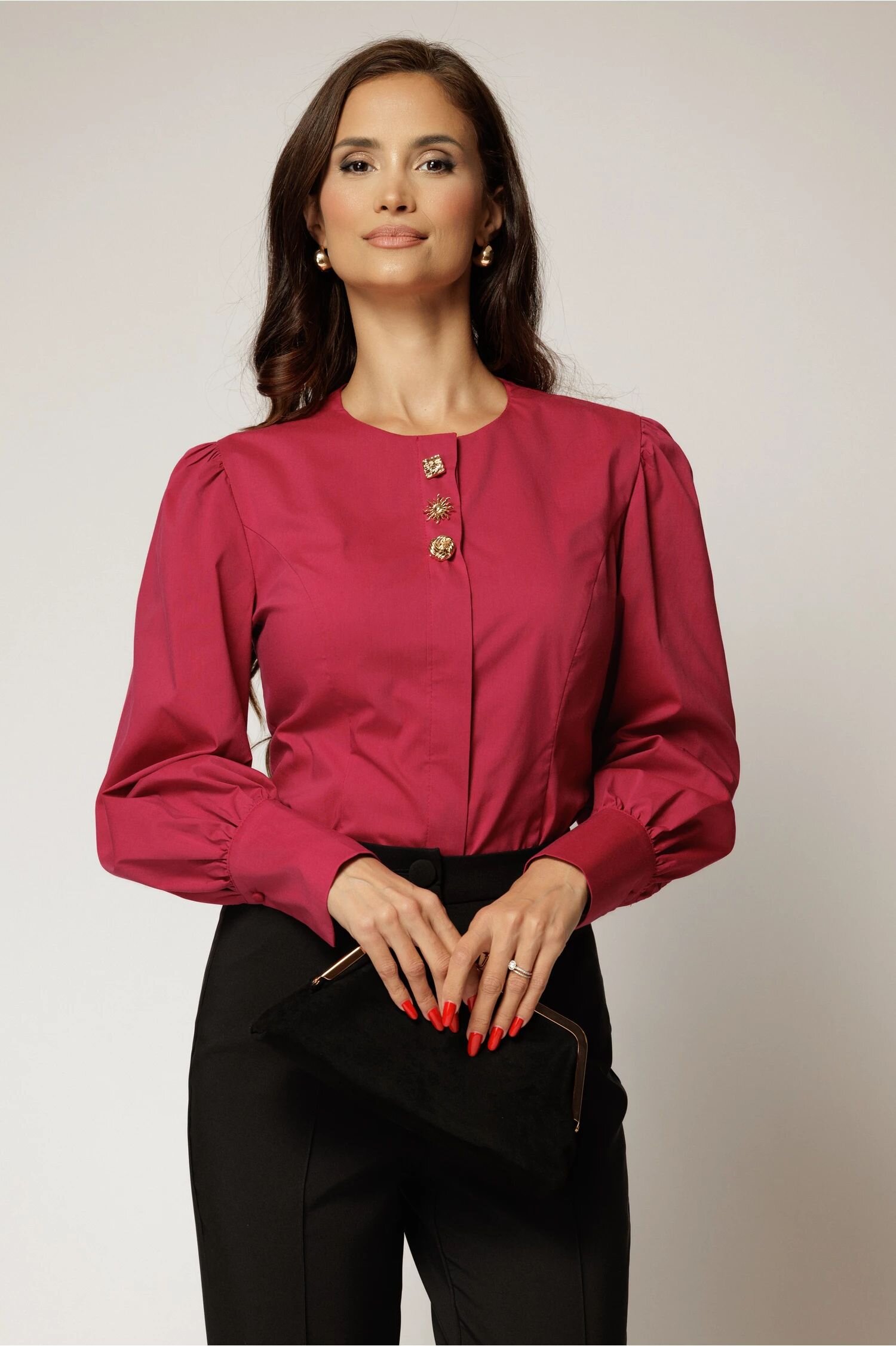  Camasa DY Fashion magenta din poplin cu croi cambrat si nasturi decorativi