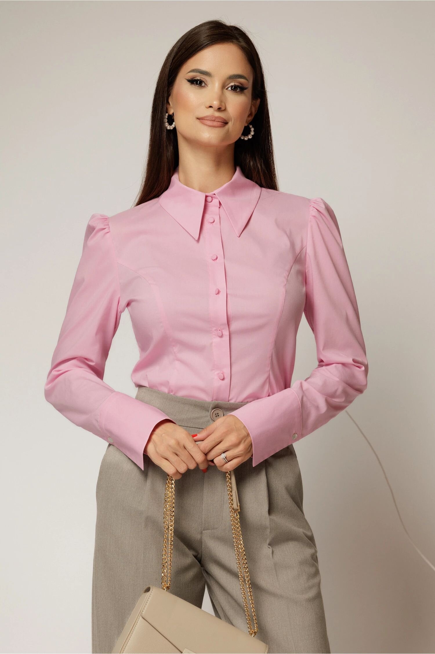  Camasa DY Fashion roz din poplin cu manseta cu butoniera