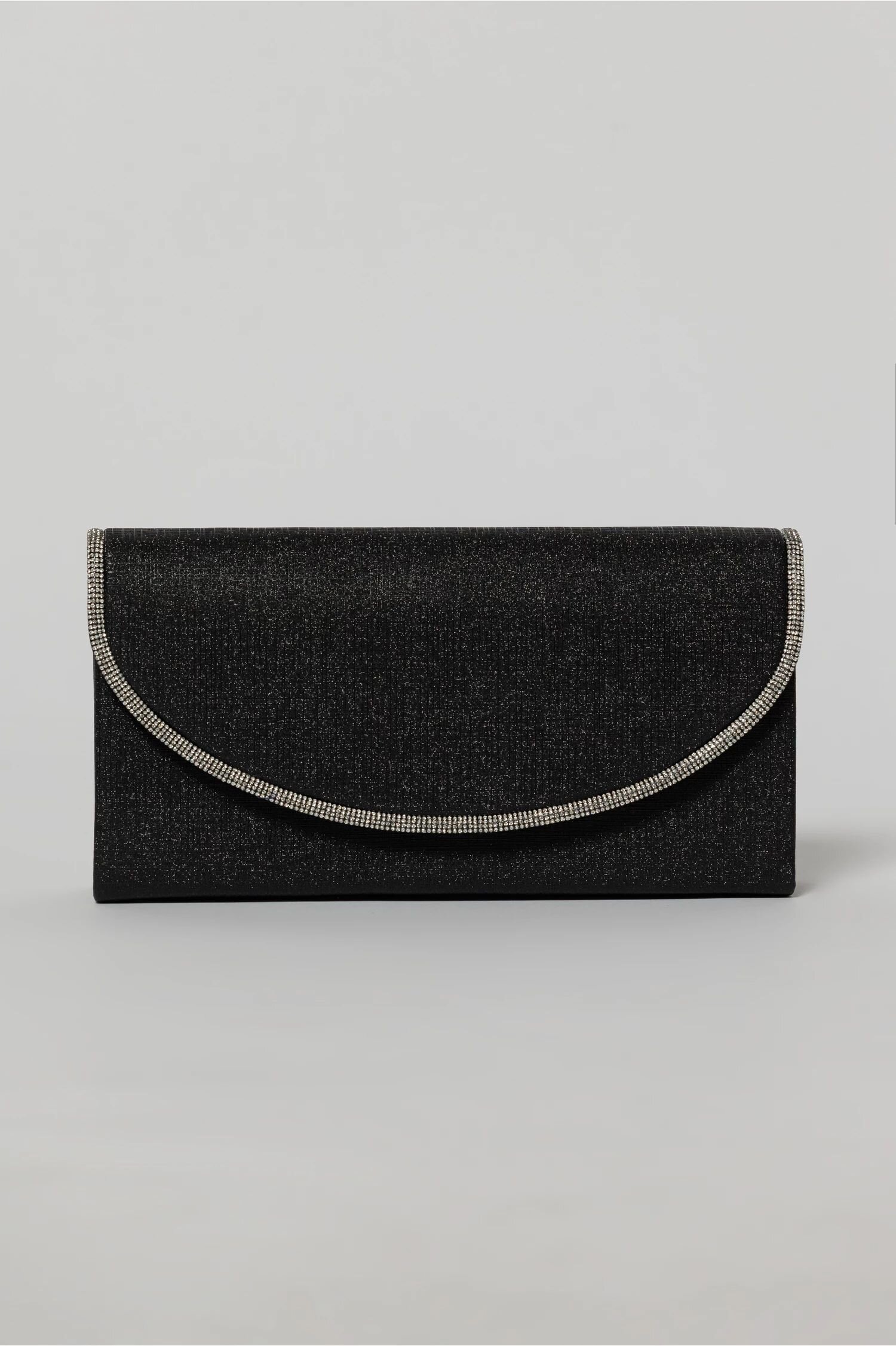  Clutch negru elegant cu clapeta curbata decorata cu strasuri