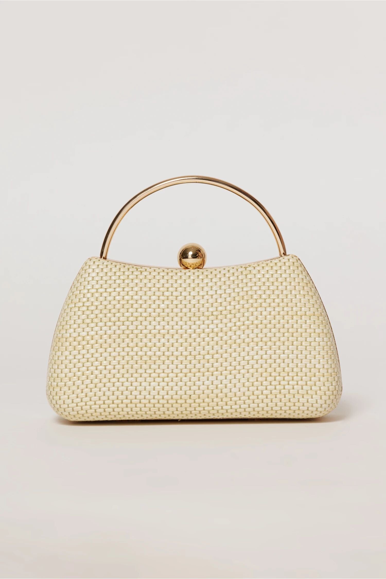  Clutch nude elegant cu maner auriu si design impletit